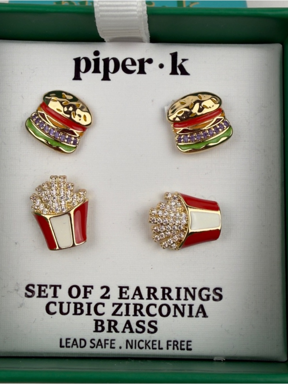 Piper K Fast Food Burger Fries Earrings Set CZ Gold Tone Studs